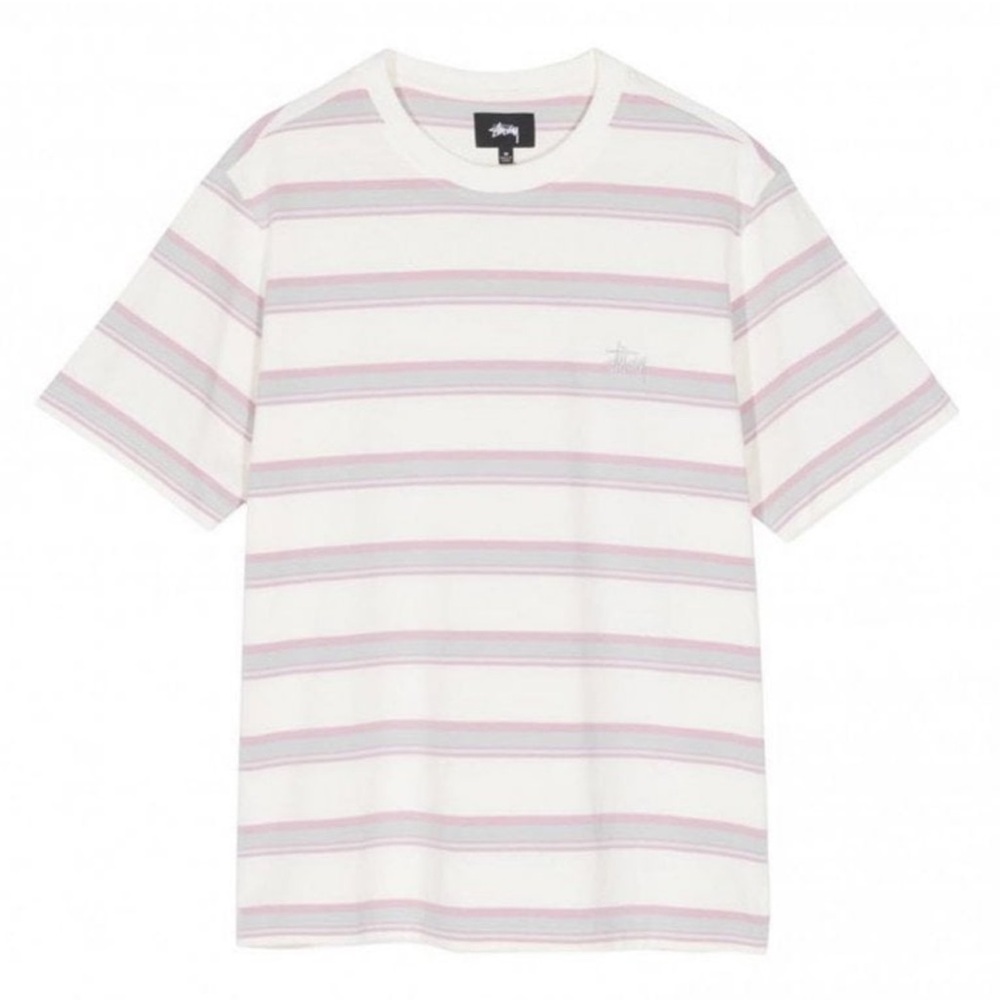 Stüssy Harbour Stripe Crew T-shirt Pink Gray Short Sleeve Embroidered-Medium